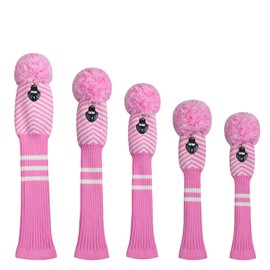 Scott Edward Golf Headcovers 5Pcs for Driver*1 Fairway*2 Hybrid*2,Knitted Elastic Yarn Double Layers Big Pom Protect Golf Club from Scracthes and Dust,Perfect Match Golf Bags (Pink Twill)