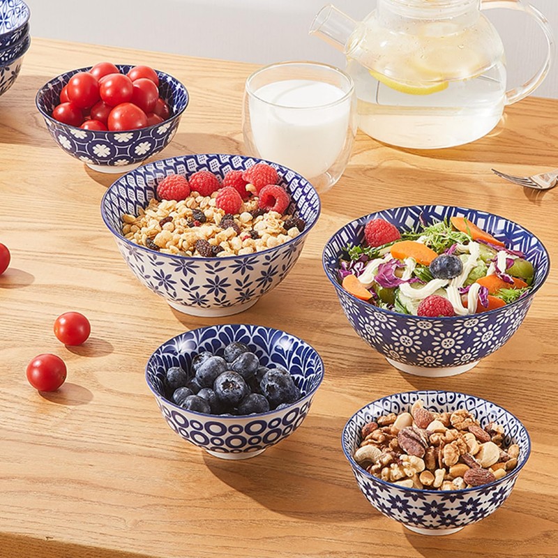 AntoKueh 6 inches Blue and White Ceramic Bowls, 25Oz Deep