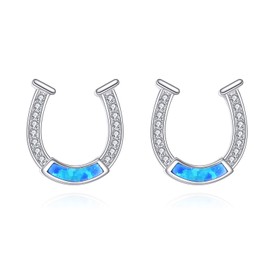 ZPMMPZ Horseshoe Earrings 925 Sterling Silver Blue Opal Horse Shoe Studs Earrings Hypoallergenic Jewelry Gifts for Women Men