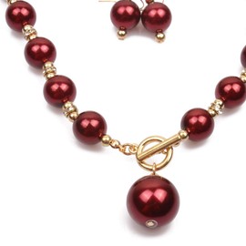 Women Elegant Jewelry Set Rhinestone Imitate Pearl Strand Choker Necklace and Earrings Suit (Wine red)