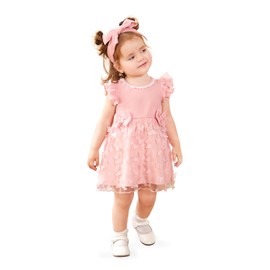 PATPAT 2pcs Baby Girl Ribbed Knit Flutter-Sleeve Splicing 3D Butterfly Applique Tulle Dress with Headband Set Pink 12-18 Months