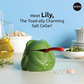 OTOTO NEW Lily Salt Cellar with Lid and Spoon - 6 oz Frog Salt Containers for Countertop, Ceramic Salt Holder with Lid for Sugar, Frog Stuff, White Elephant Gifts, Cute Fun Kitchen Gifts Accessories