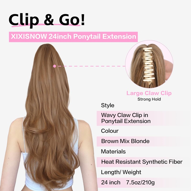XIXISNOW Claw Clip Ponytail Extension for Women 24'' Clip On