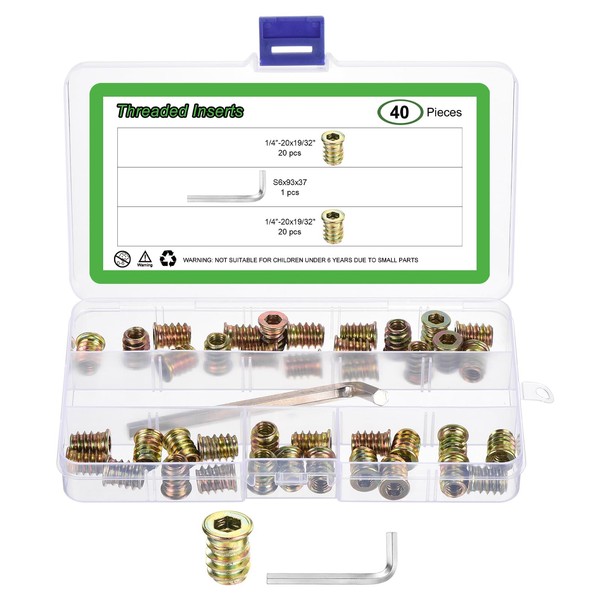 sourcing map 40Pcs 1/4"-20x19/32" Threaded Inserts Nuts, Zinc Alloy Hex