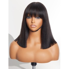 LUVME HAIR LUVME HAIR 12 Inch Light Yaki Straight Bob Wig with Bangs Human Hair Realistic HD Lace Short Black Bob Wigs, Ready to Go Blunt Cut Bob Wig Glueless 180 Density