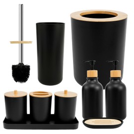 Juego de Accesorios de Baño de 8 Piezas Estilo Moderno con Bote de Basura, Dispensador de Jabón, Vaso para de Dientes, de Inodoro, Jabonera y Caja