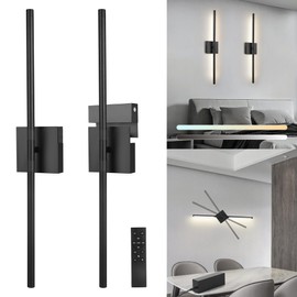 Battery Operated Wall Sconces Set of 2, 5000mAh Rechargeable Wall Lights with Remote, 3-Color with Dimming Brightness , 360° Adjustable, Detachable Battery, 27.6 Inch Black Wireless LED Wall Lamps
