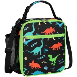 Bagseri Lunch Bag for Kids - Insulated Boys Lunch Bag with Shoulder Staps, Portable Lunch Cooler Bag for School with Bottle Holder, Black Dinosaur