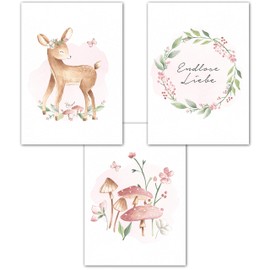 Lemmami Papeterie Set of 3 Wall Pictures Children's Room Baby Room Poster Pictures DIN A4 Girls Boys Decoration Forest Animals Deer Flower Saying (Set of 3 Pictures Pink, Pastel, Wall Decor)