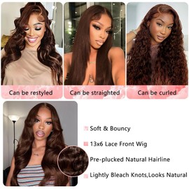 EECBN 30 inch Chocolate Brown Lace Front Wig Human Hair 200 Density 13x4 Hd Body Wave Lace Front Wigs Human Hair Pre Plucked Colored Frontal Wigs Human Hair Brown Wig Human Hair for Women