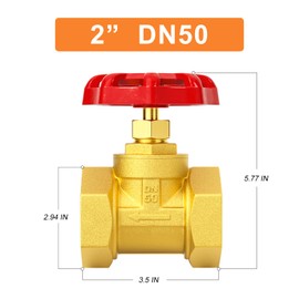 GASHER 1PCS Brass industrial Gate Valve, DN50 2" Female with Wheel Handle, Heavy Duty Gate Valve Tool For Water, Oil, Gas