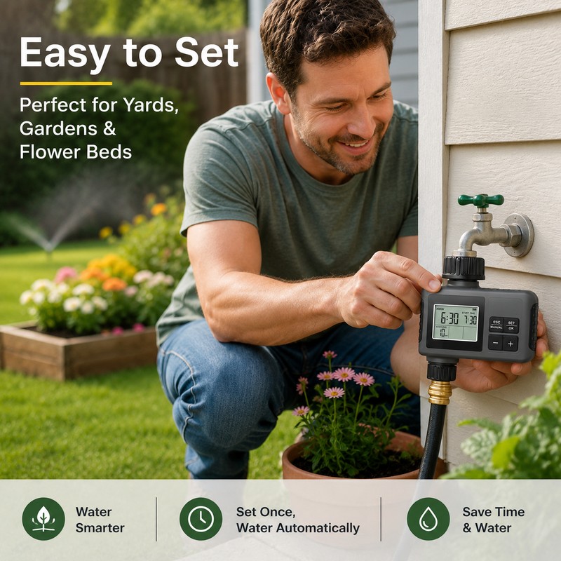 Automatic Water Timer for 2-Zone Garden Irrigation – IPX7 LCD