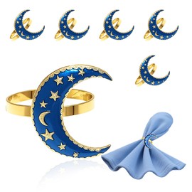 Davifina Gold Napkin Rings Set of 6,Star Napkin Rings Moon,Blue Ocean Napkin Holders for Cloth Napkins,Eid al Adha Mubarak Table Setting,Muslim Wedding Parties Decor,Bismillah Christmas Dinner Ring