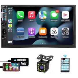 2025 7-inch Wireless CarPlay & Android Auto Double Din Car Stereo with Bluetooth, USB/SD/AUX Input, FM, SWC, Subwoofer Support -HD Touchscreen Radio for Seamless Car Audio Integration