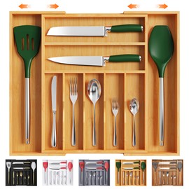 Bellsal Large Premium Bamboo Silverware Organizer - Expandable Utensil Drawer Organizer - 17"x19.6" Utensil Holder and Cutlery Tray with Grooved for Kitchen Flatware and Utensils Mother's Day Gift