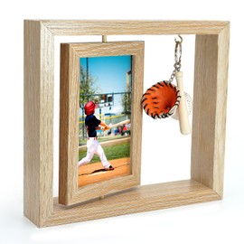CHUNCHE Baseball Photo Frame, Double-Sided Rotating Wooden Picture Frame with Baseball Pendant, Baseball Tabletop Picture Frame, Home Decor Desk Sport Boys Girls Gift (11.8in×5.5in)