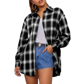 Bozanly Flannel Buffalo Plaid Shirts for Women Oversized Button Down Shacket Blouse Tops(0001-Black-M)