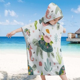 Kids Hooded Beach Robe with Marine Animal Design, Beach Changing Towel & UV Protection Cape Swimming Hyj3617 Sea Turtle + Edge Binding 65*75Cm 4ea