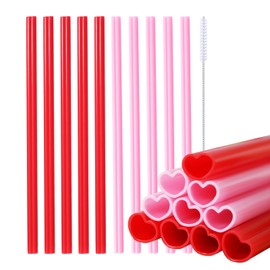 10pcs Reusable Straws - Love-Shaped Red&Pink, Plastic Straws for Drinking & Smoothie, High Temp Resistant, Food Grade, Suitable for Various Beverages