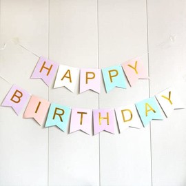 Pastel Rainbow Gold Happy Birthday Banner Bunting Garland Flag Party Supplies Decoration for Kids Girls