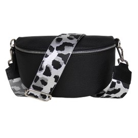 MIRROSI® Women's Bum Bag, Genuine Leather, Made in Italy, Shoulder Bag, Chest Bag, Crossbody Bag (1 Bag & 2 Straps), Black (Leo Grey), bohemian