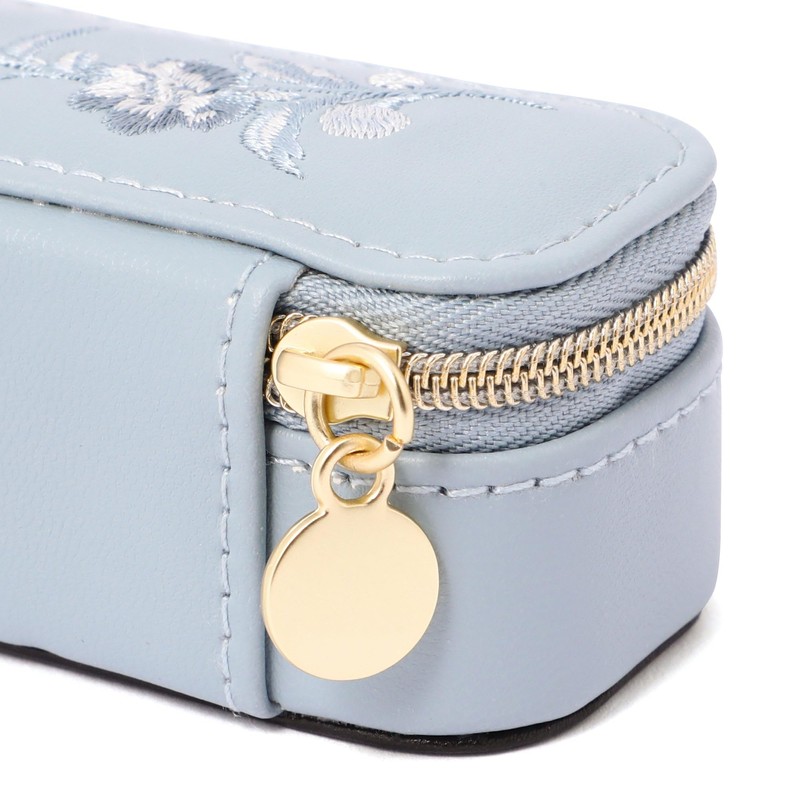 Francfranc French Embroidered Flower Mini Travel Jewelry Box Blue, blue