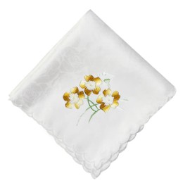 [Ebherys] 100% Silk Pure Hand Embroidered Handkerchief Square Hand Embroidery White Wavy Edge Dark Blue Gift Box Gift Bag Wedding Party Gift Bag, Yellow Butterfly on White Background