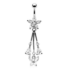 14g Marquise Cut CZ Petal Flower Belly Ring with CZ Butterfly and Pear CZ Dangle