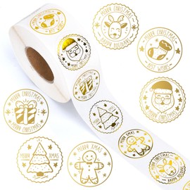 JarThenaAMCS 1000Pcs Clear Christmas Stickers Roll Gold Foil Stamping Seal Stickers Self-Adhesive Xmas Label Decals for Holiday Envelope Invitations Cards Gift Decor, 6 Designs