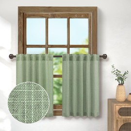 24 Inch Curtains for Kitchen Sage Green Farmhouse Decor 2 Panel Back Tab Pocket Opaque Semi Sheer Light Filtering Cafe Tier Linen Short Pale Green Curtain for Small Windows Bathroom Shelves 36x24 Long
