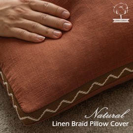 SINYASAN Decorative Neutral Linen Throw Pillow Covers 20x20 Inch Set of 2, Burnt Orange Boho Farmhouse Pillow Covers with Braid Fringe for Sofa Bed Modern Couch Pillow Cases for Organic Home Decor