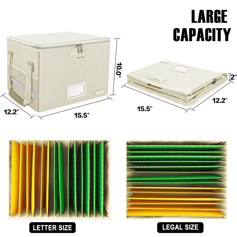 ENGPOW File Box with Lock,Fireproof Document Box with Zipper Lid,Collapsible