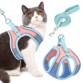 Eyein Cat Harness and Lead Set for Walking, Adjustable Soft Sturdy Faux Suede Escape Proof Kitten Vest Harness and leash with Reflective Strip for Large Medium Small Cats(Pink & Blue, S)