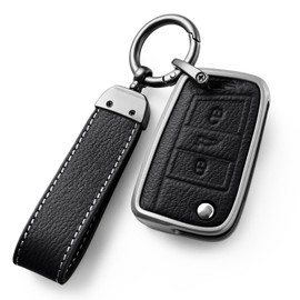 OATSBASF 3 Button Car Key Case for VW Golf 7 MK7 Polo Tiguan Skoda - Lightweight Aluminium + Leather Buttons - Luxury Protection, Durable & Feel Comfortable (Black)