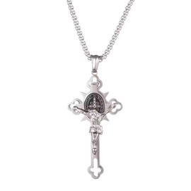 IS Holy Cross Stainless Steel Christ Crucifix Cross Pendant Necklace with Saint Benedict Medal for Men Women Retro Religious Christian Faith Cross Necklace - PD09, Silver