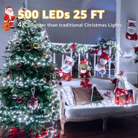 Ccinny 500 LED 25 FT Cluster Lights, White Christmas Tree Lights 8 Modes Timer Remote, Waterproof String Lights for Indoor Outside Garland Xmas Decorations