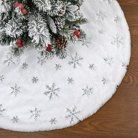 Christmas Tree Blanket, Round Plush Christmas Tree Skirt, White with Silver Snowflakes, Christmas Tree Skirt, Christmas Tree Stand Rug, 90 cm