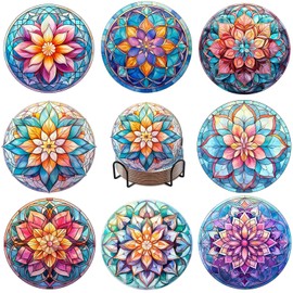 8 PCS Lotus Diamond Art Coasters Kits, Diamond Painting Coasters with Holder Set of 8, DIY Drink Coasters Art Crafts Supplies for Adults Cup Mat for Home Decor House Warming Gifts Non-Slip 3.9inch