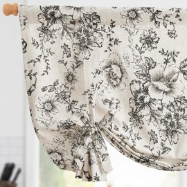 jinchan Tie Up Shade Valance Curtain Linen Floral for Kitchen Window Living Room Cafe Farmhouse Light Filtering Rustic French Retro Country Curtain Over Sink 54 Inch 1 Panel Black on Beige