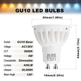ALIDE Bombillas LED GU10 regulables de 5000 K, luz blanca diurna, ángulo de haz amplio de 120 grados, reemplaza GU10 50 W halógeno, AC120 V regulable, GU10 5 W para iluminación de pista de reflector, 500 lm, paquete de 6
