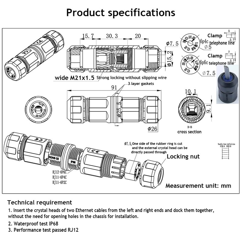 PENGLIN 2PCS Waterproof RJ11 Panel Mount Coupler Female to Female,