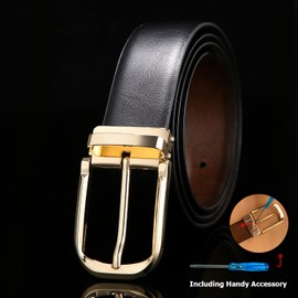 Men's Reversible Belt, Men Leather Buckle Belts, Casual Dress Belt with Single Prong Buckle, Trim Fit Adjustable Belt for Men, Cantaloupe Gold