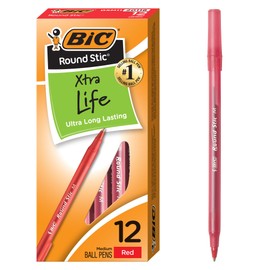 BIC Bolgrafos redondos Stic Xtra Life rojos, punta media (1.0mm), paquete de 12 unidades de bolgrafos a granel, cuerpo redondo y flexible para...     