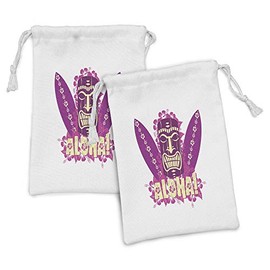 Ambesonne Tiki Bar Fabric Pouch Set of 2, Tiki Culture Surfboards Hibiscus Hand Drawn Aloha Art, Small Drawstring Bag for Toiletries Masks and Favors, 9" x 6", Pale Yellow Hot Pink