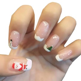 24Pcs Christmas Press on Nails Short Square Fake Nails Full Cover Pink French Tip Christmas Nails Santa Claus Snowman Xmas Tree Design Glue on Nails Cute False Nails for Women Girls
