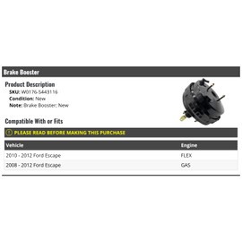 Marketplace Auto Parts Brake Booster - Compatible with 2008-2012 Ford Escape