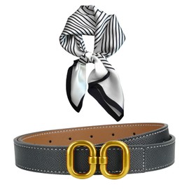 Skinny Leather Belt for Women with Gold Buckle – 2-in-1 Reversible Belt for Dresses, Jeans & Pants – Black/Brown Dual-Sided Design, Includes Silk Scarf