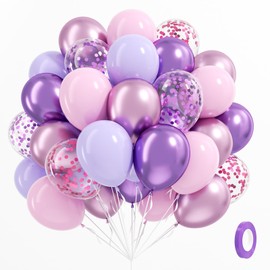 61pcs Pink and Purple Balloons, 12 Inch Confetti Latex Metallic Balloons for Bridal Baby Shower Wedding Women Birthday Party Decorations