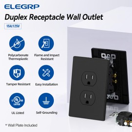 ELEGRP 15 Amp 125V Duplex Receptacle Outlets, Standard Electrical Wall Outlet, TR Tamper Resistant, Self-Grounding, Residential Grade, Mid Outlet Covers Included, UL Listed, Matte Black, 10 Pack