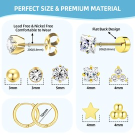 Nunpag 28 Pcs Ear Piercing Kit Ear Disposable Piercing Gun Kit Includes 6 Pcs Self Piercing Gun 16 Pcs Cubic Zirconia Earrings Stud Hoop Earrings 6 Alcohol Pads Easy-to-Use Ear Piercer Kit Tool, Gold